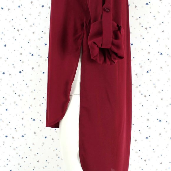 Woven Chiffon Button Up Hi Lo Blouse Shirt Burgundy - Picture 6 of 8